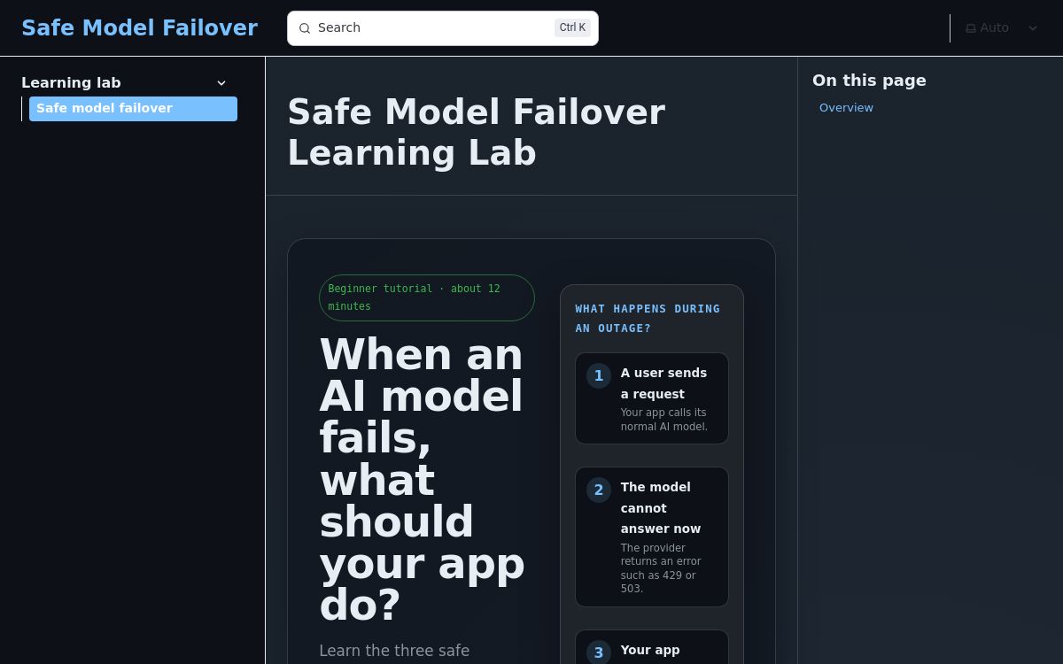 Safe Model Failover Learning Lab introducing what an application should do when an AI model fails.